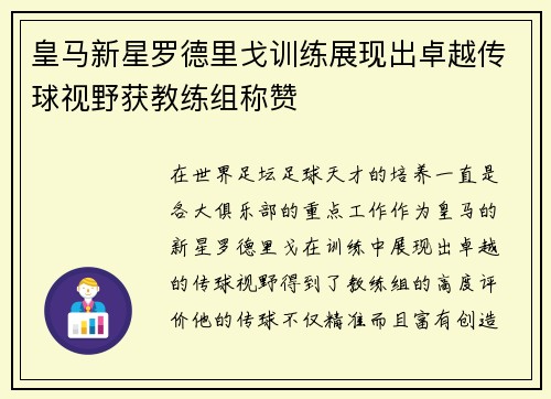 皇马新星罗德里戈训练展现出卓越传球视野获教练组称赞