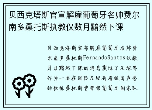 贝西克塔斯官宣解雇葡萄牙名帅费尔南多桑托斯执教仅数月黯然下课